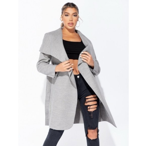 Gray Wool Blend Long Sleeve Oversized Lapel Belted Waterfall Collar Coat - Picture 4 of 8